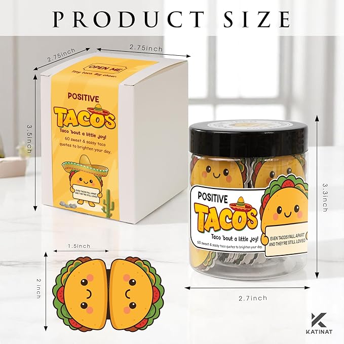 Positive Taco Jar – 60 Funny Emotional Support Taco, Back to School Gift for Students, Teachers, White Elephant Gifts For Women, Men, Corworker, Mental Health Gift, Birthday Gifts for Women