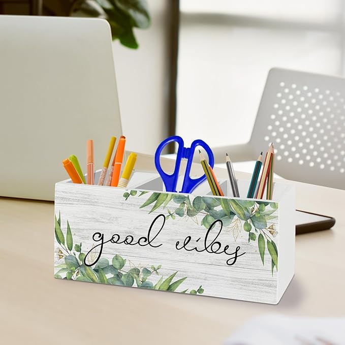 Inspirational Sage Green Eucalyptus Pen Pencil Holder Organizer for Desk Accessories, Good Vibes Positive Wooden Box Sign Desk Decor for Home Office Decoration, Motivational Gifts for Women