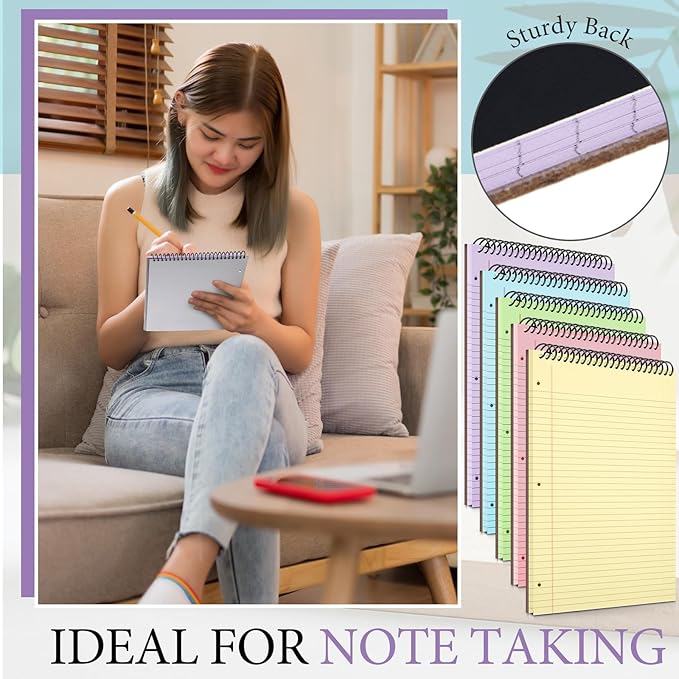10 Packs 8.5" x 11" Top Spiral Notebook with 3 Hole Punched Legal Pads College Ruled Notepad 50 Sheets Hard Cardboard Paper Wirebound Notepad for Office School Business (Multicolor)