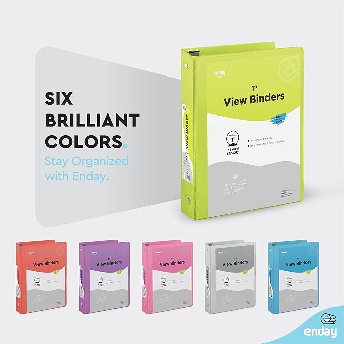 3 Ring Binder 1 Inch, 1” Clear View Cover with 2 Inside Pockets Round Ring Binder, Colored School Supplies Binders, in Grey, Pink, Blue, Purple, Green, and Red, Multicolor (6 PC) – by Enday