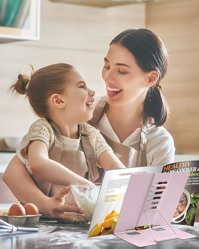 MSDADA Book Stand Metal Reading Rest Book Holder Adjustable Cookbook Documents Holder Portable Bookstands for Recipes Textbooks with Page Clips Birthday Gifts for Girls Mom Students(Macaron Pink)