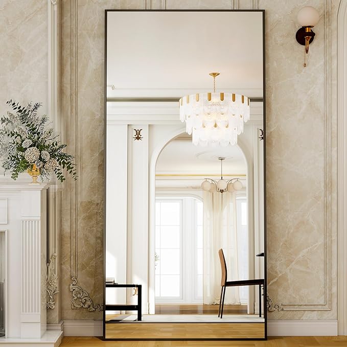 GLSLAND-38 x 77" Rectangular Full Length Mirror - Large Floor Mirrors Aluminum Alloy Frame Full Body Dressing Mirror for Bedroom, Living Room,Black