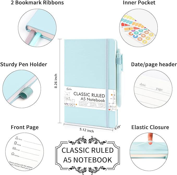 feela 5 Pack Notebooks Journals Bulk, Hardcover Notebook Classic Ruled Lined Journals with Pen Holder for Women Girls School Business Supplies, with 5 Black Pens, 120 GSM, 5.1”x8.3”, A5,Sky Blue