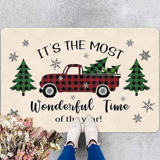 Merry Christmas Buffalo Plaid Truck Doormat Welcome Tree Mat Non Slip Holiday Xmas Front Door Mat for Entrance Indoor Home Bathroom Floor Decoration, 16" x 24" Inch