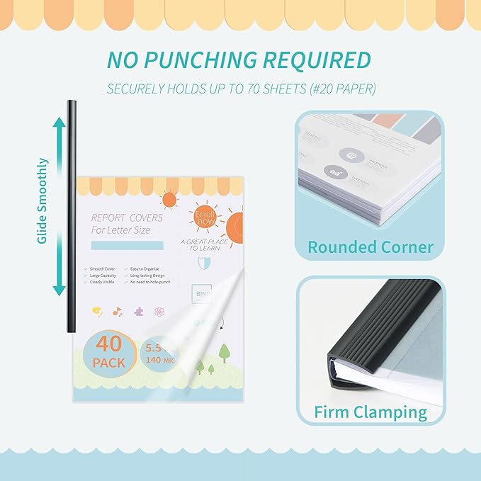 Binditek 40 Pack Clear Report Covers with Black Sliding Bars, 70 Sheet Capacity, 9mm Binding Bars, Letter Size, 5.5 Mil Thick, Black, for Students and Coworkers