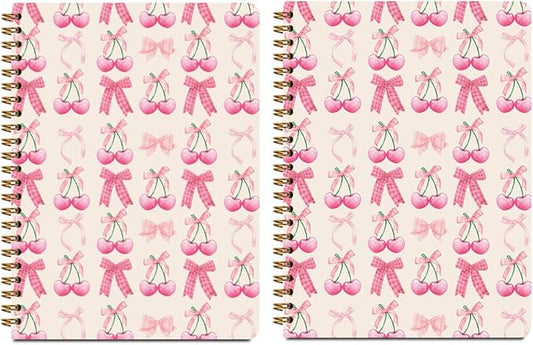 2 PCs Pink Bow Cherry Spiral Notebook Trendy Preppy Journaling Notebooks Cute Coquette Gifts for Women Teen Girls Note Books Journals for Writing Hardcover Notebook Office Classroom Supplies
