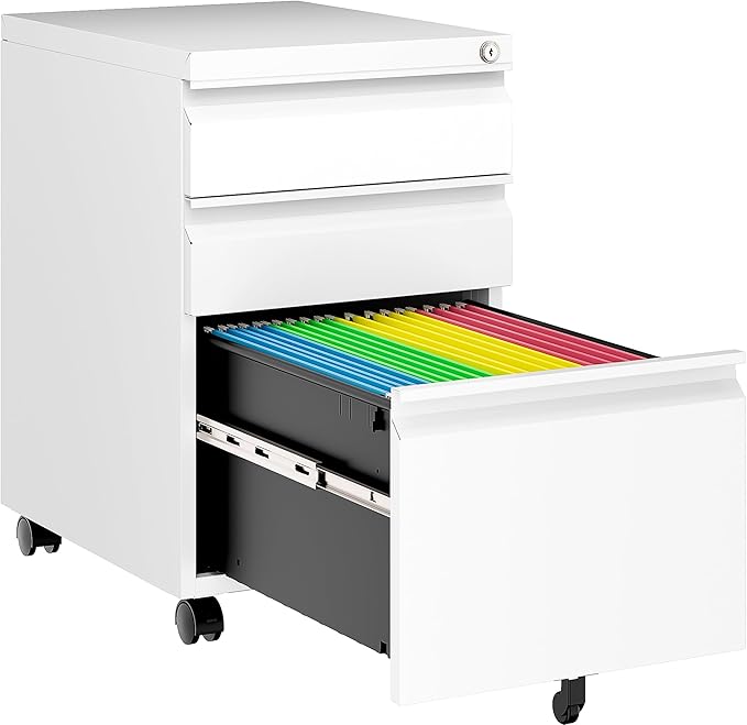 Assembled 3 Drawer File Cabinet with Wheels,Under Desk File Cabinet with Lock,White Rolling Filing Cabinets, Metal Filing Cabinets for Home Office,Fit A4/Letter/Legal,Pre-Assembled Except Caster