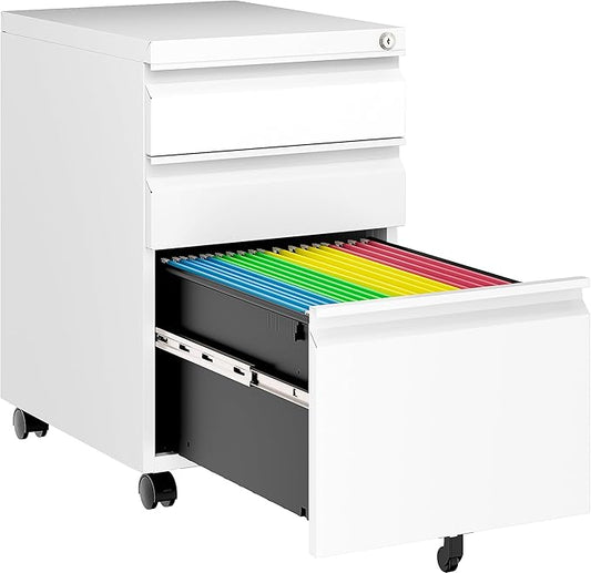 Assembled 3 Drawer File Cabinet with Wheels,Under Desk File Cabinet with Lock,White Rolling Filing Cabinets, Metal Filing Cabinets for Home Office,Fit A4/Letter/Legal,Pre-Assembled Except Caster
