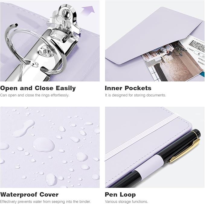 Ospelelf 3 Ring Binder 1 Inch Vintage Hardcover, Leather Organizer for Letter Size, Professional Clipboard with Dividers and Tabs, Purple