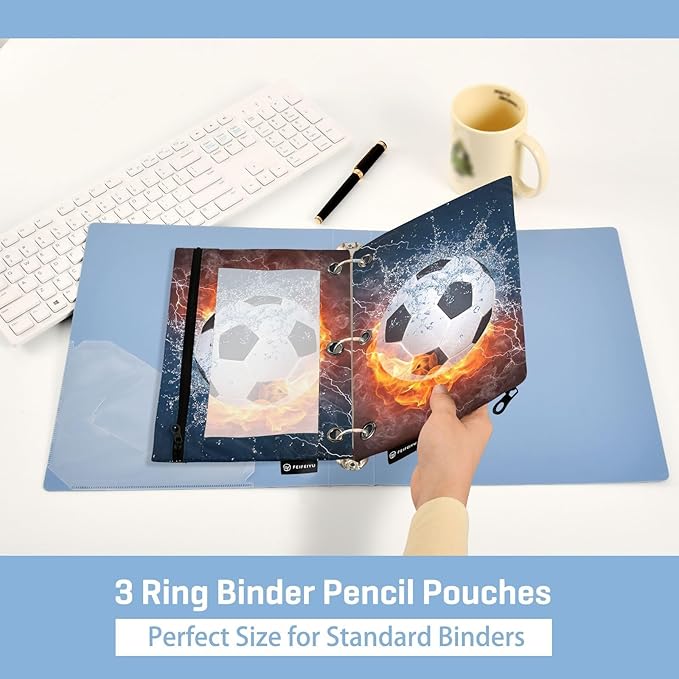 Soccer Ball Football Fire Water Pencil Pouch for 3 Ring Binder, 2 Pack Waterproof Pencil Bags Clear Window Pencil Case Zipper School Office Supplies
