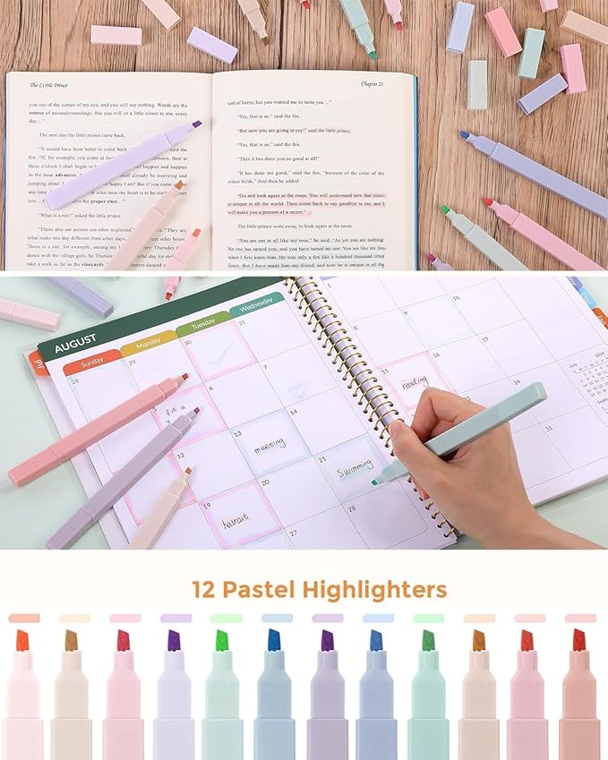 SKYDUE Cute School Supplies 44 PCS, Aesthetic Pencil Case with 12 Pastel Highlighters, 5 Black Gel Pens, 6 Color Gel Pens & Mechanical Pencils, College Essentials Students Stationary Set Pink