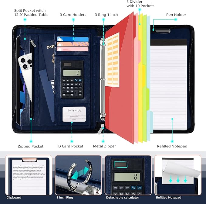 Ospelelf 3 Ring Portfolio Binder with Zipper, Leather Clipboard with Storage, Padfolio Folder for Men, 12.1” Tablet Sleeve, 5 Dividers with Pocket, Refillable Notepad, Card Slot (Navy Bule)