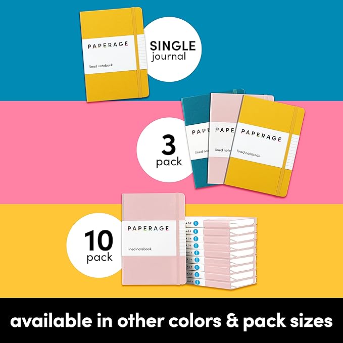 PAPERAGE Lined Journal Notebook, 10 Pack, (Pastel Rainbow), 160 Pages, Medium 5.6 in x 8 in - 100 GSM Thick Paper – Hardcover Journaling Notebook for Work, School & Note Taking