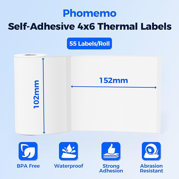 55 Pcs 4'' x 6'' Shipping Thermal Labels for Address, Barcodes, Small Business Labeling, Warehouse, Inventory - Thermal Label Compatible with Phomemo 241 BT, M421