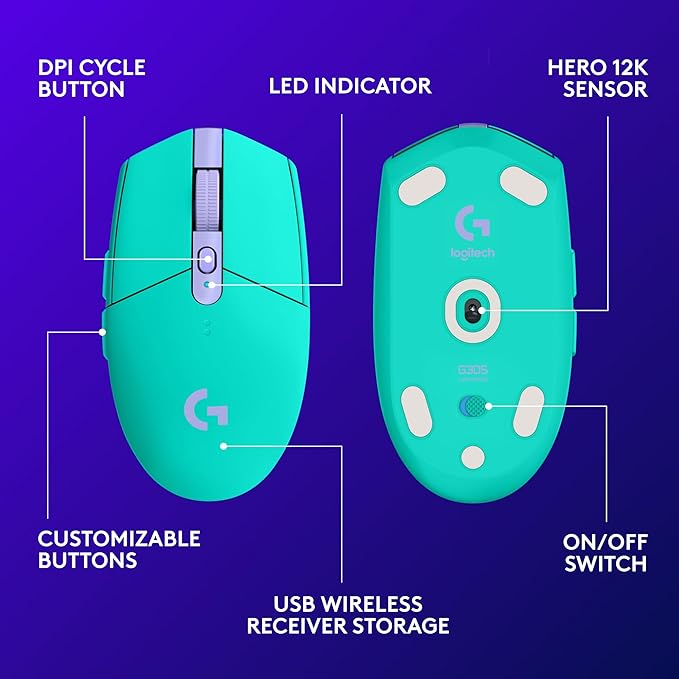 Logitech G305 LIGHTSPEED Wireless Gaming Mouse, Hero 12K Sensor, 12,000 DPI, Lightweight, 6 Programmable Buttons, 250h Battery Life, On-Board Memory, PC/Mac - Mint