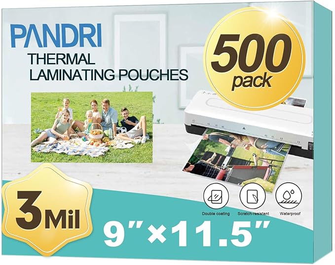 Laminating Sheets, PANDRI 500 Pack Thermal Laminator Pouches Holds 8.5 x 11 Inch, 3 Mil Clear Laminator Paper 9 x 11.5 Inch, Letter Size