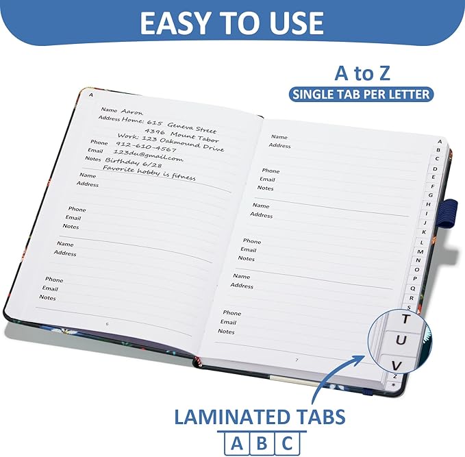 Address Book with Individual Alphabetical Tabs Laminated, Large Print Address Book with 468 Wide Lining Entry Spaces, Change of Address Labels, Hardcover Address Book 5.7 x 8.5" - Bloom