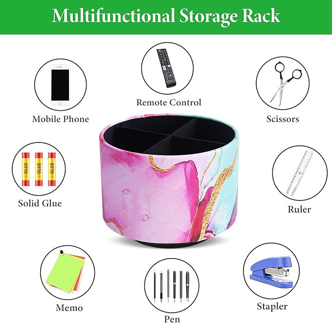 Round Leather Art Supply Organizer,Remote Control Holder,360-degree Rotating Pen Organizer with 4 Compartments(1-Red Green Splash Ink)