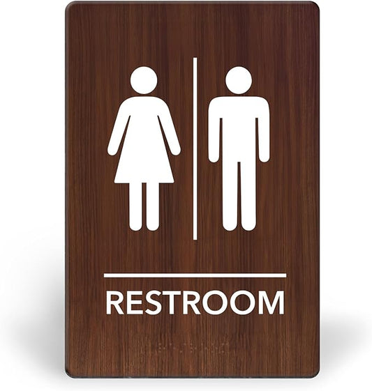 Promot Unisex Bathroom Sign – ADA Braille Restroom Sign for Business, Self-Adhesive, 9" x 6", Commercial Door Signage, Office Wall Decor - Walnut