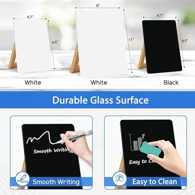WALGLASS Desktop Black Glass Dry Erase Board 9.5"x 6.7" with Reversible Wood Stand, Small White Board, Portable Whiteboard for Desk, Reusable Desk Notepad with 2 Markers&Eraser for Home, Office