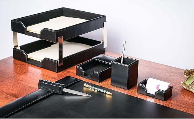 Dacasso Black Bonded Leather 8-Piece Desk Accessory Set - Organization Essentials & Executive Decor - Luxury Leather Blotter for Office Organization