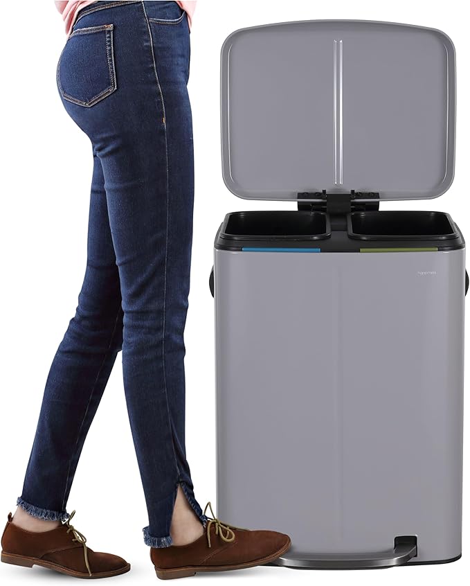 happimess HPM1005I Marco Rectangular 10.6-Gallon Double Bucket Trash Can with Soft-Close Lid, Fog Gray, Fingerprint Resistant, Modern, Minimalistic for Home, Kitchen, Office, Bedroom, Bathroom