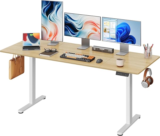DEVAISE 71 Inch Electric Standing Desk, 3 Adjustable Height Stand up Desk for Home Office, Ergonomic Sit to Stand Desk with LED Touchscreen, Headphone Hook, 3 Memory Preset Computer Desk (Maple)