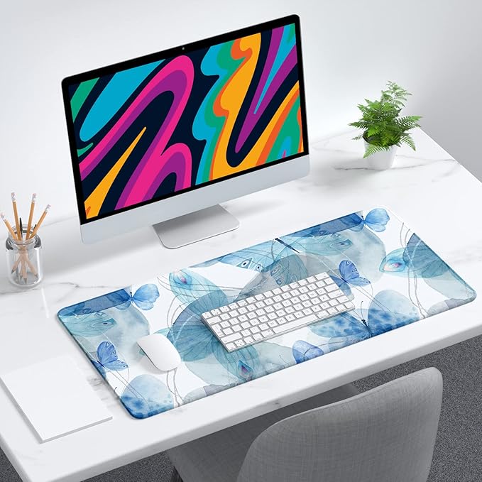 Desk Mat, 32" x 12" XXL Extended Large Gaming Mouse Pad, Desktop Decor Desk Pad, Cute Men Women Office Supplies and Accessories, XL Mouse Mat for Laptop & Keyboard, Blue Butterfly