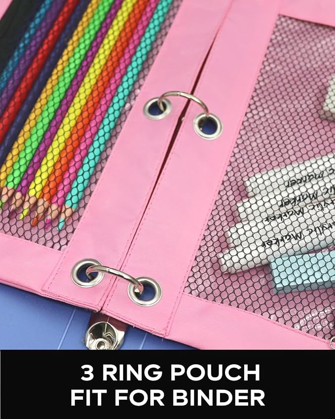 3 Ring Binder Pencil Pouch - School Pencil Case with 2 Zippered Pockets, Clear Mesh Window Pencil Bag, B5 Size, Back to School Gifts (Pink)