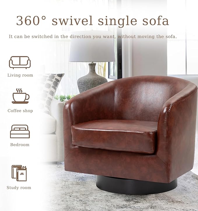 UIXE Faux Leather Swivel Accent Chair with Wood Base, Modern Upholstered Barrel Chairs for Living Room, Comfy Round Armchair Single Sofa Bedroom Reading Seat - 31" W, Red Brown