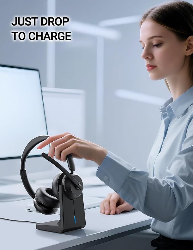 Wireless Headset with Mic for Work, Bluetooth 5.3 Headsets with Microphone and Detachable Earpads, 50H Playtime with Charging Base, Noise Cancelling Headphones for Work with Mic Mute