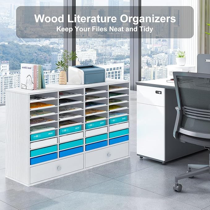 Mail Sorter Wood Literature Organizer, Student Mailbox for Classroom, Desktop Bill Paper Holder for Office Home School, 38 Compartments, White