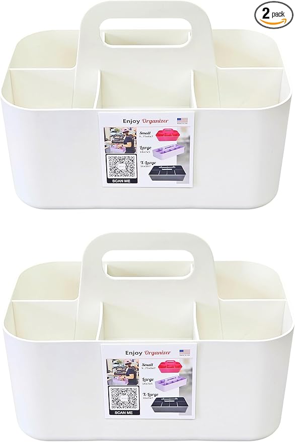 2 Pack Small 6 Compartment Multiuse Caddy Organizer with Handle Art Craft Supplies, Office, Desk, Stationery Pen Holder Stackable- Made In USA (Ivory)