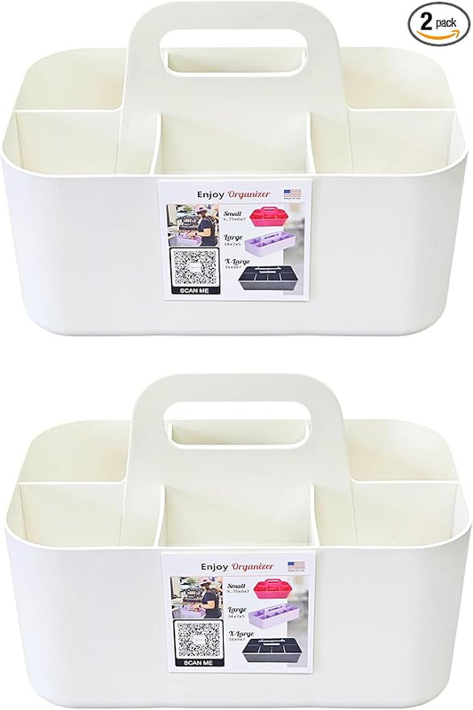 2 Pack Small 6 Compartment Multiuse Caddy Organizer with Handle Art Craft Supplies, Office, Desk, Stationery Pen Holder Stackable- Made In USA (Ivory)