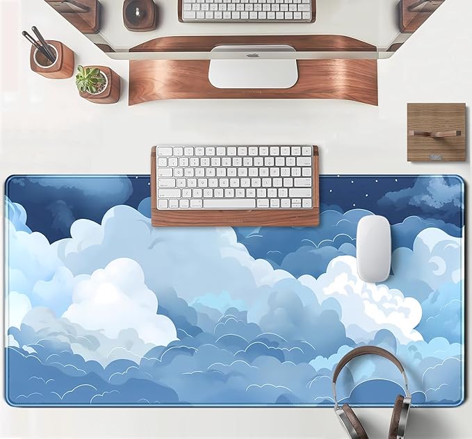 Aesthetic Blue and White Puffy Clouds Desk Mat, XXL Large Kawaii Blue Extended Gaming Mouse Pad with Stitched Edges, Cute Big Laptop Keyboard and Mouse Mat for Women Office Decor Mat 31.5x15.7 in