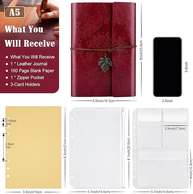 Leather Journals Notebooks with Blank Pages, Vintage Refillable Journal for Writing, Personal Travel Diary Art Sketchbook to Write in, Gifts for Women, Men, Teen Girls and Boys, 160 Pages A5 (Red)