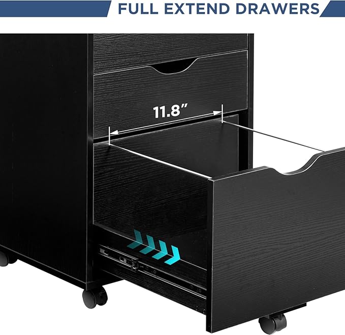 HollyHOME 3-Drawer Wood File Cabinet, Under Desk Cabinet for Home Office, Rolling Storage Shelf for Home, Printer Stand, for A4, Letter-Size Files, 11.8in Hanging File Folders, Black