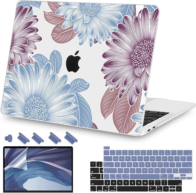 Teryeefi Compatible with M2 M1 MacBook Pro 13 Inch Case A2338 A2289 A2251 A2159 A1989 A1706 A1708 (2024 20203 2022-2016), Hard Shell Case & Keyboard Cover for Mac Pro 13" - W-Flowers