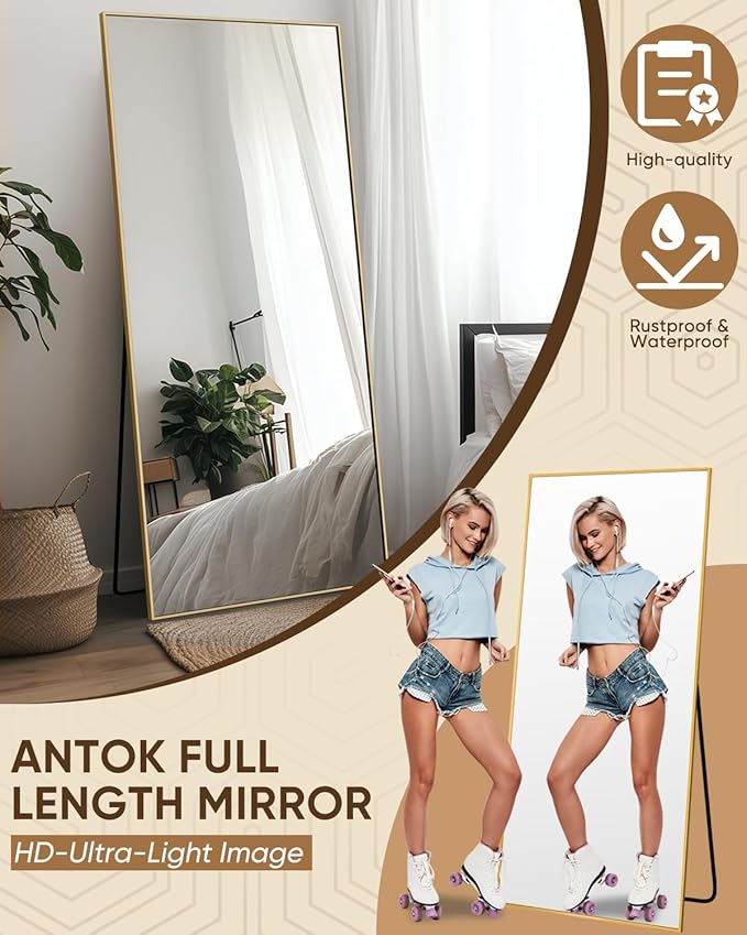 Antok Full Length Mirror, 71"x32" Floor Mirror, Floor Standing Freestanding Full Body Mirror with Stand for Bedroom, Hanging Mounted for Living Room Cloakroom, Gold