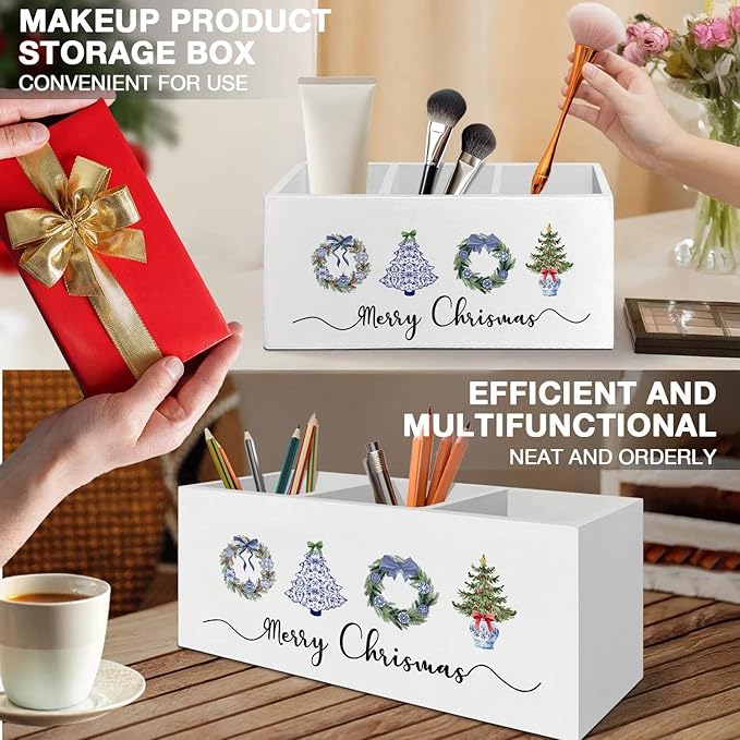 Chinoiserie Christmas Pen Pencil Holder Organizer for Desk Accessories, Christmas Office Decor, Coquette Blue Xmas Tree Wreath Wooden Box Signs Decorations for Home Office Desk Tabletop