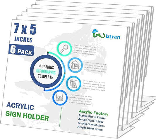 Slanted Back Acrylic Sign Holder 5 x 7 Horizontal, Clear Tabletop Acrylic Stands for Display 7 x 5, Plastic Paper Sign Holder for Office, Home, Restaurant (6 Pack 7x5 Inches)