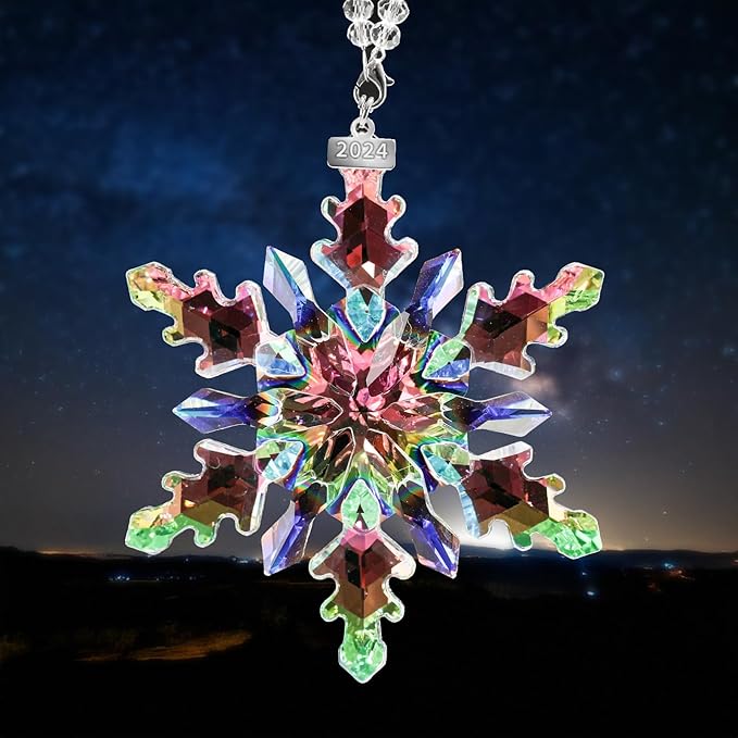 2024 Annual Edition Snowflake Crystal Christmas Ornaments,Christmas Tree Ornaments Crystal Sun Catcher Home Hanging Decor (2024Colorful)