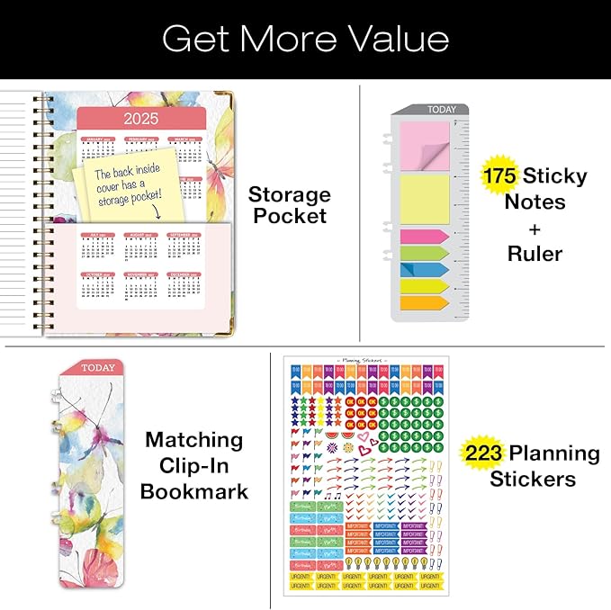 HARDCOVER Academic Year 2024-2025 Planner: (June 2024 Through July 2025) 8.5"x11" Daily Weekly Monthly Planner Yearly Agenda. Bookmark, Pocket Folder and Sticky Note Set (Watercolor Butterflies)