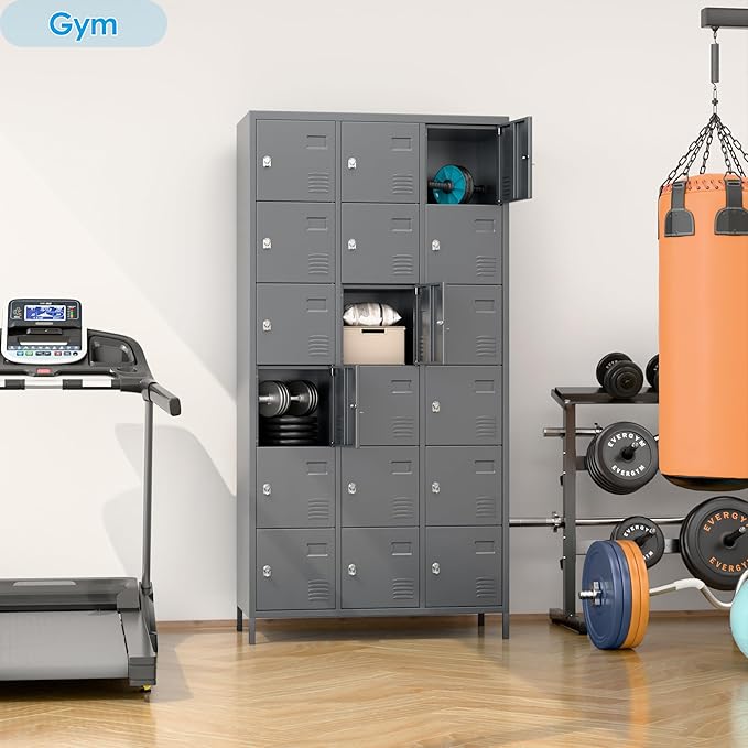 Metal Storage Locker with 18 Doors and Business Card Holder,Metal Lockers for Employees with Lock for School Garage Office Gym,Assembly Required,Dark Grey