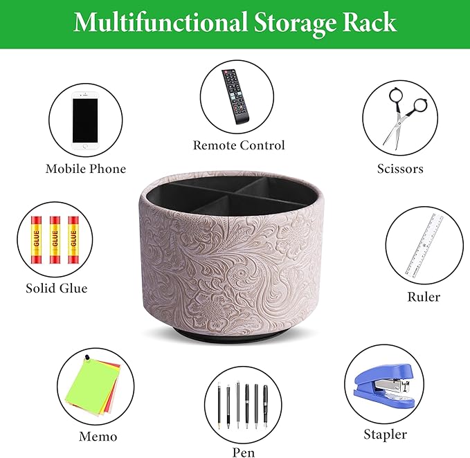 lizimandu Round Leather Art Supply Organizer,Remote Control Holder,360 Degree Spinning,Multi-Functional Pencil Holder,4 Compartments Desktop Stationary Organizer(1-Carved White)