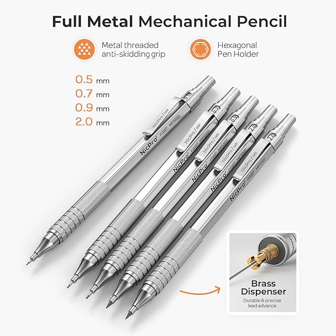 Nicpro 22PCS Metal Mechanical Pencil Set in Case, Art Drafting Pencil 0.5, 0.7, 0.9 mm & 2 PCS 2mm Mechanical Drawing Pencils with 396PCS Leads (4B 2B HB 2H Colored) for Drawing Writing Sketching