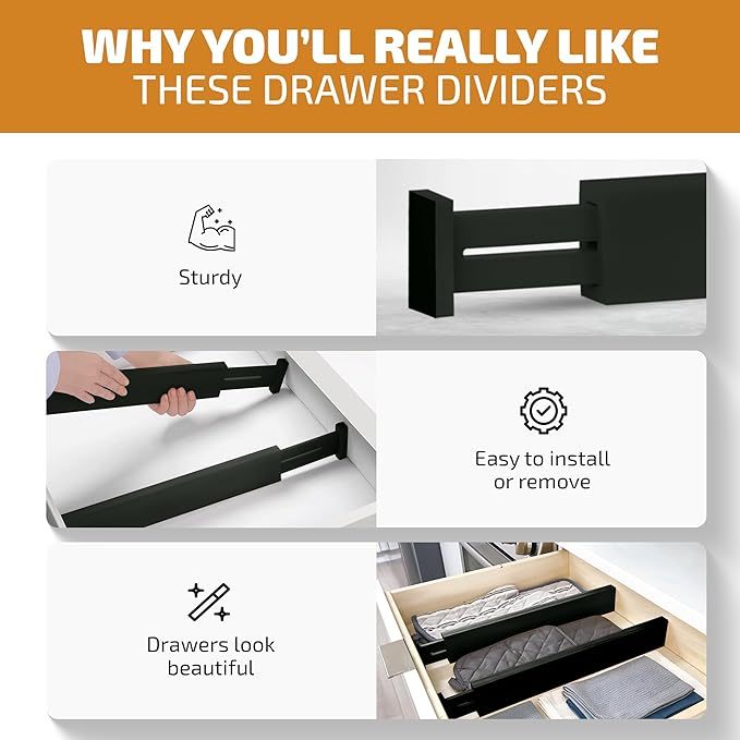 4 Pack Drawer Dividers Bamboo 2.6" High, 16-22" Adjustable Drawer Organizers for Clothes, Expandable Dresser Separators in Bedroom/Bathroom/Kitchen/Office Organization and Storage (Black)