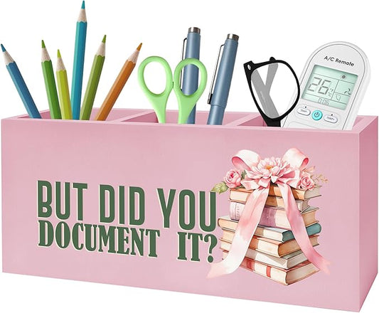 But Did You Document It Pink Pencil Pen Holder for Desk, HR Human Resource Gifts, Funny Work Gifts for Coworkers Wooden Pencil Holder Organizer for Home Office Desk Accessories