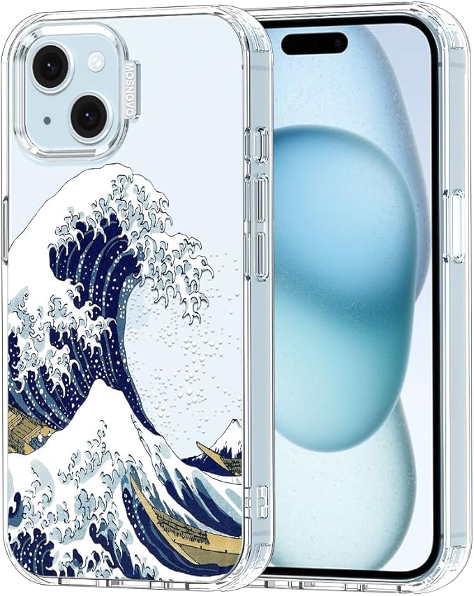 MOSNOVO Case for iPhone 15 Plus/iPhone 14 Plus, [Buffertech 6.6ft Military-Grade Drop Protection] [Anti Peel Off Tech] Clear TPU Bumper Phone Case Cover Design - Great Wave