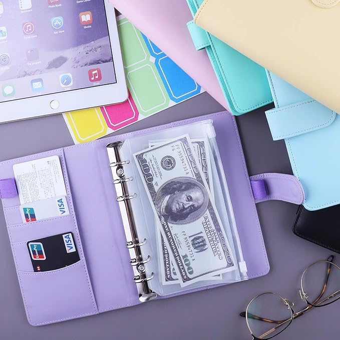 Antner A6 Budget Binder with Zipper Cash Envelopes for Money Organizer & Budgeting, PU Leather Budget Planner Money Saving Binder with Cash Stuffing Envelopes & Labels for Home Office Travel, Purple